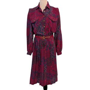 Don Elliot Womens Sz L? Vtg Paisley Belted Pleated Skirt Long Sleeve Sport Dress